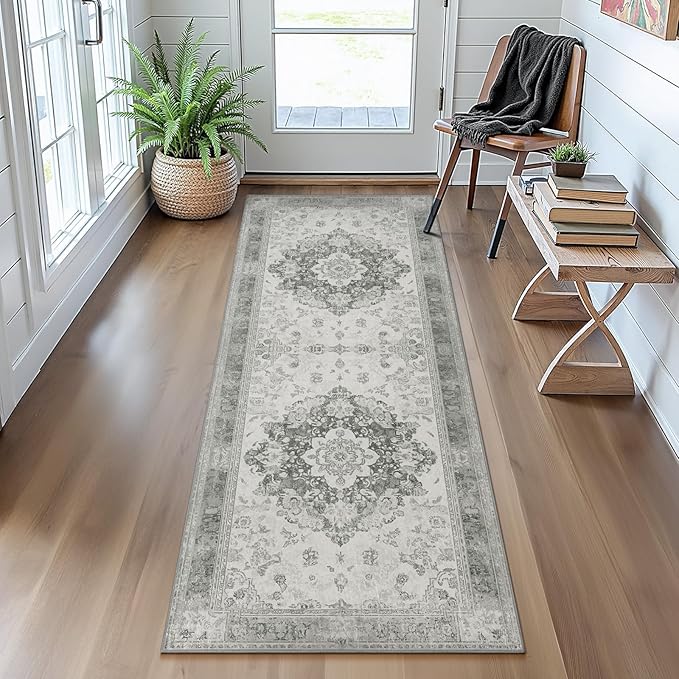 2x6 Machine Washable Non-Slip Rug & Mat - Soft Faux Wool & Polyester, Boho Stain-Resistant Indoor Carpet for Bathroom, Hallway, Kitchen, Entryway, Laundry, Living Room, Low Pile, High Traffic