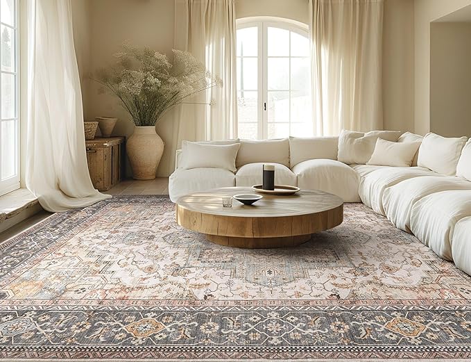 Washable Area Rugs for Living Room - 10x14 Neutral Vintage Distressed Floral Farmhouse Boho Large Soft Floor Rug Indoor Non Slip Carpet for Bedroom Dining Room Office - Green