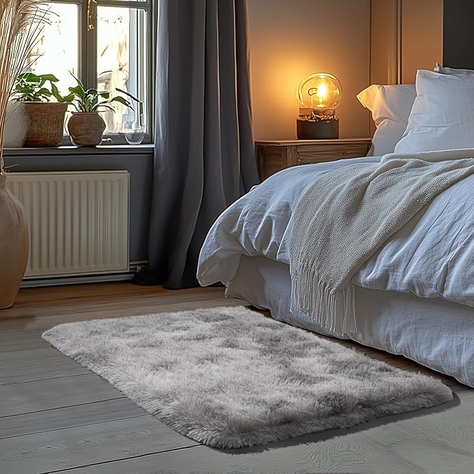 Zentavio Bedside Rugs Small 2x3 Shag Entry Entrance Rugs Soft Bedroom Carpet Area Rugs for Dorm College Essentials Non-Slip Living Room Throw Rug Home Decor Aesthetic Nursery Tie-Dyed Grey White