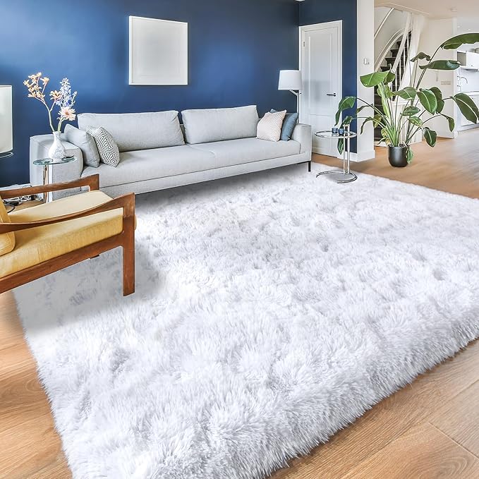 YJ.GWL Area Rug for Living Room Bedroom, 8x10 Washable Large White Carpet, Soft Fluffy Shaggy Thick Big Shag Indoor Floor Rug for Kids Boy and Girls Room Dorm Home Decor Aesthetic