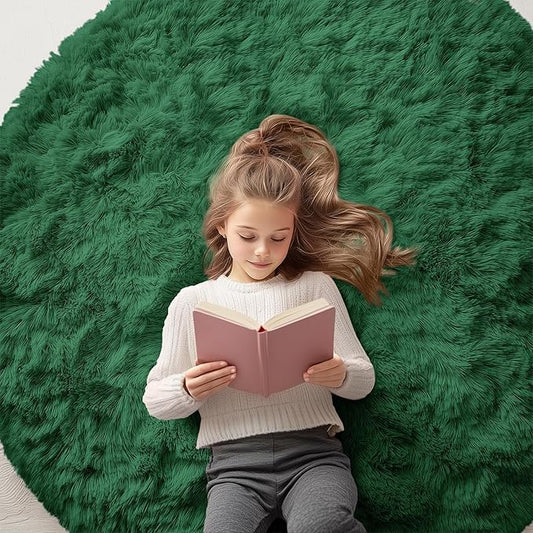 OLANLY Dark Green Round Rugs for Bedroom - Machine Washable, 5x5 Feet Circle Area Rugs for Living Room, Soft Fluffy Shaggy Carpet for Teen Girls and Boys, Dorms, Nursery Rooms, Home Decor Aesthetic