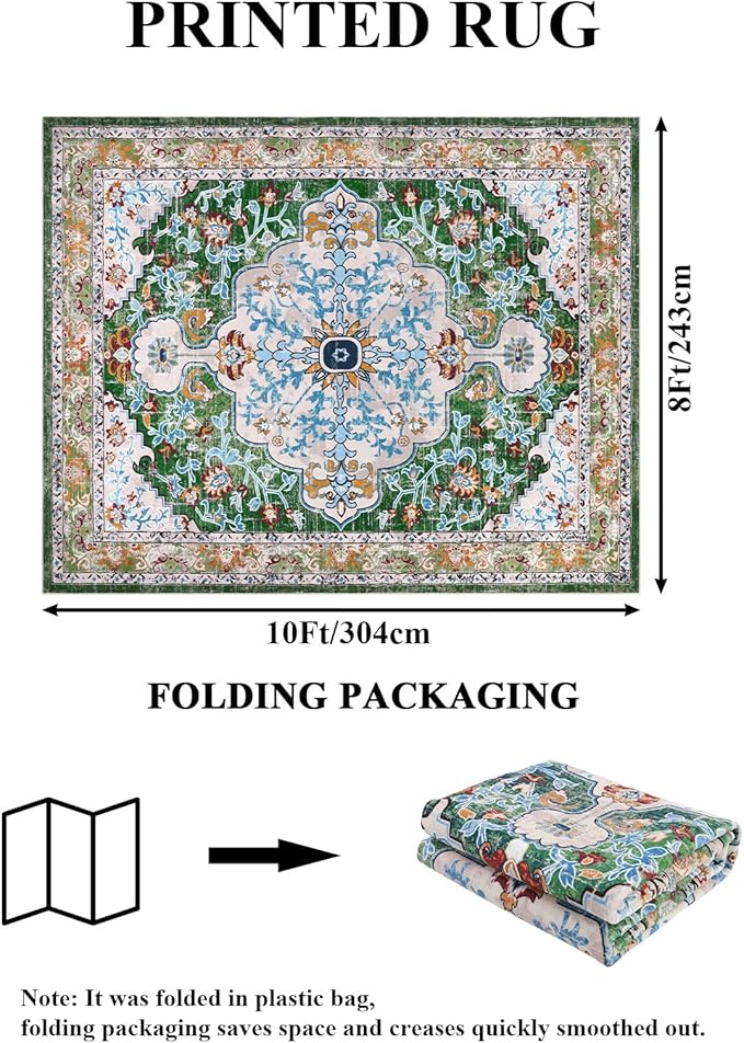 U'Artlines Boho Vintage Area Rug 8x10 Machine Washable Low Pile Soft Floor Carpet Non Slip Non Shedding Accent Rug for Living Room Bedroom Entryway Dining Room Office Green