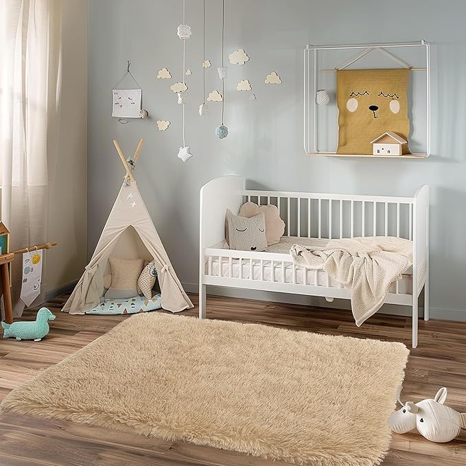 3x5 Rugs for Bedroom, Fluffy Area Rugs for Living Room, Soft Shag Kids Rug Small Carpet with 4 Non-Slip Rug Pads (Light Tan, 3ft x 5ft)