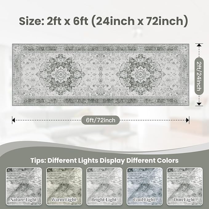 2x6 Machine Washable Non-Slip Rug & Mat - Soft Faux Wool & Polyester, Boho Stain-Resistant Indoor Carpet for Bathroom, Hallway, Kitchen, Entryway, Laundry, Living Room, Low Pile, High Traffic