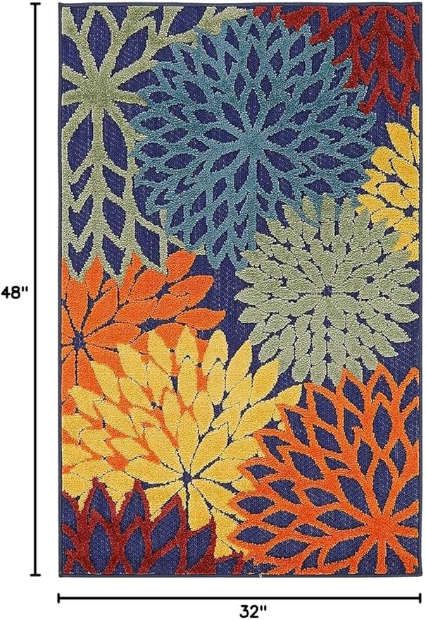 Nourison Aloha Indoor-Outdoor Navy Multicolor 2'8" x 4' Area Rug, Easy Cleaning, Non Shedding, Bed Room, Living Room, Dining Room, Backyard, Deck, Patio (3x4)
