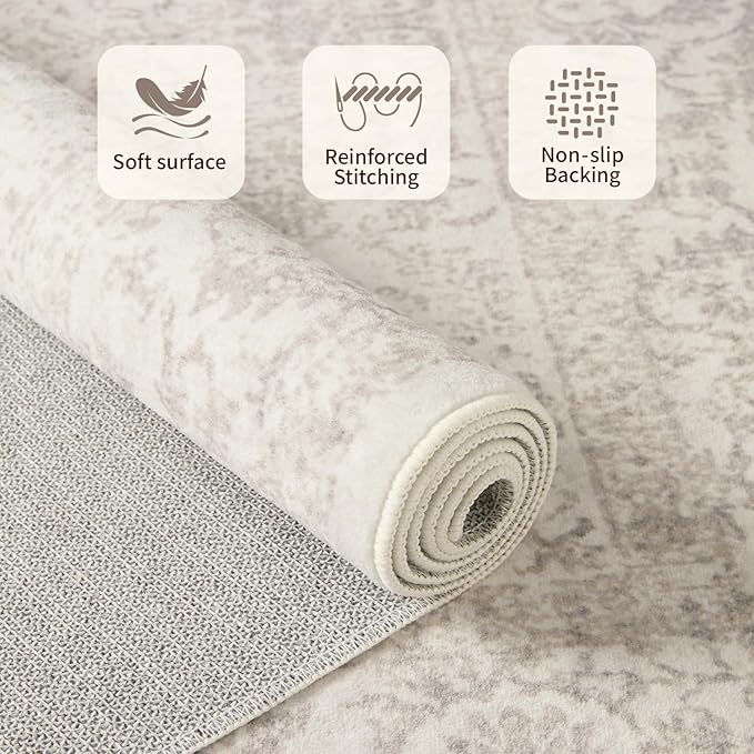 4x6 Washable Area Rug for Living Room, Vintage Neutral Boho Rugs for Office, Dining Room, Kids Room, Farmhouse, Durable Low Pile Non Slip Carpet for High Traffic Areas, Light Bown