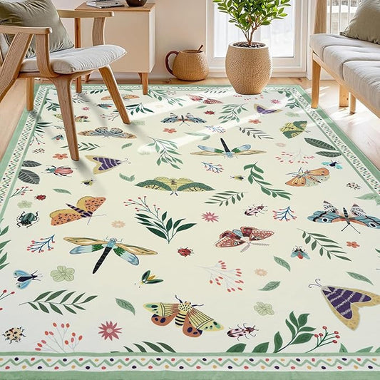 ASPMIZ Insect Area Rug 3X5, Beige Bedroom Rug Non Slip, Spring Summer Washable Rug Farmhouse Butterfly Living Room Rugs Low Pile, Soft Faux Wool Throw Carpet for Entryway, Office, Nursery, Beige