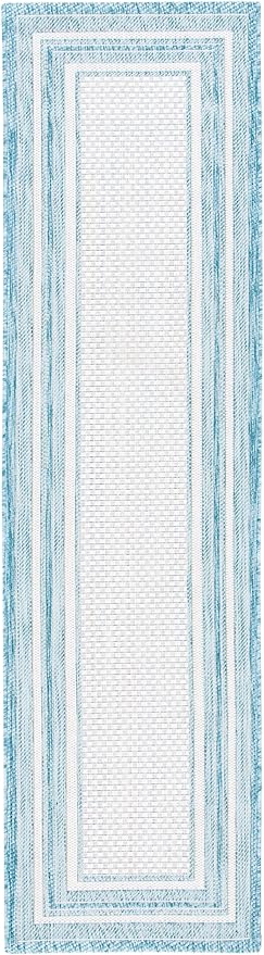 SAFAVIEH Courtyard Collection Runner Rug - 2'3" x 12', Ivory & Aqua, Geometric Pattern, Indoor/Outdoor & Washable, Ideal for Patio, Backyard, Mudroom (CY8475-53612-212)