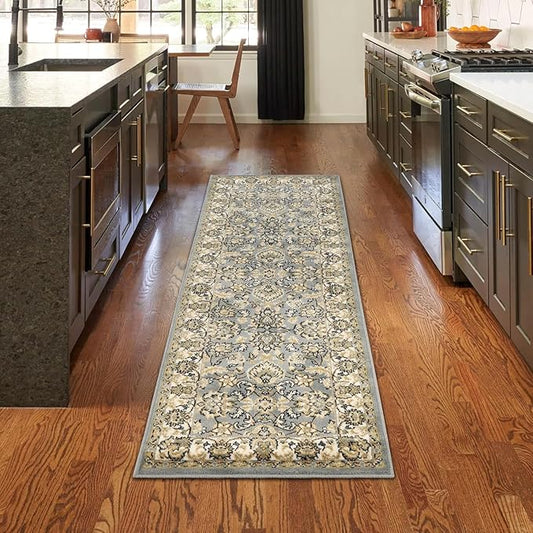 Superior Indoor Runner Rug, Jute Backing, Plush Floral Rugs for Entryway, Kitchen Floors, Office Floor Cover, Traditional Oriental Rugs, Lille Collection, 2' 7" x 8', Grey