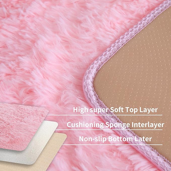 KCHOWUA Pink Fluffy Shag Rugs for Bedroom Girls,4'x6' Machine Washable Soft Shaggy Fuzzy Throw Cute Large Area Rug for Living Room,Modern Pastel Plush Nursery Toddler Kids Dorm Floor Room Carpets
