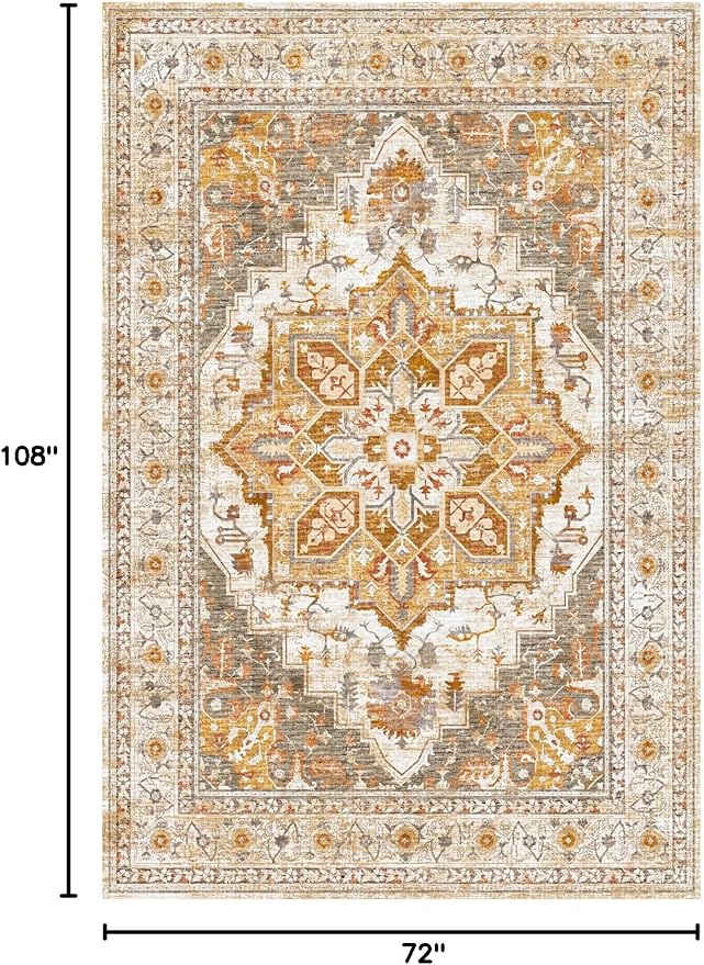 Washable Area Rugs 6×9 Yellow Vintage 6x9 Area Rugs Clearance Ultra-Thin Oriental Boho Rugs for Living Room Indoor 6x9 Non-Slip Rug Foldable Washable Accent Rugs for Bedroom Dining Room