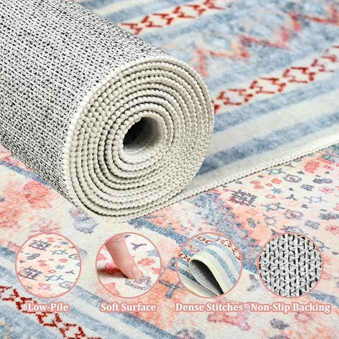 Maxsoft 5X8 Area Rug,Vintage Machine Washable Rugs for Living Room, Soft Non-Slip Low Pile Rug, Stain Resistant Rugs for Kitchen, Bedroom, Dining Room,Laundry Room,Nursery (Light Orange)