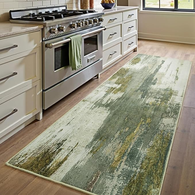 Washable Runner Rug, 2'6''x8' Kitchen Rugs Green Long Runner Rugs with Rubber Backing, Abstract Non-Slip Carpet Runners for Hallways, Kitchen, Bedroom, Laundry, Entrance