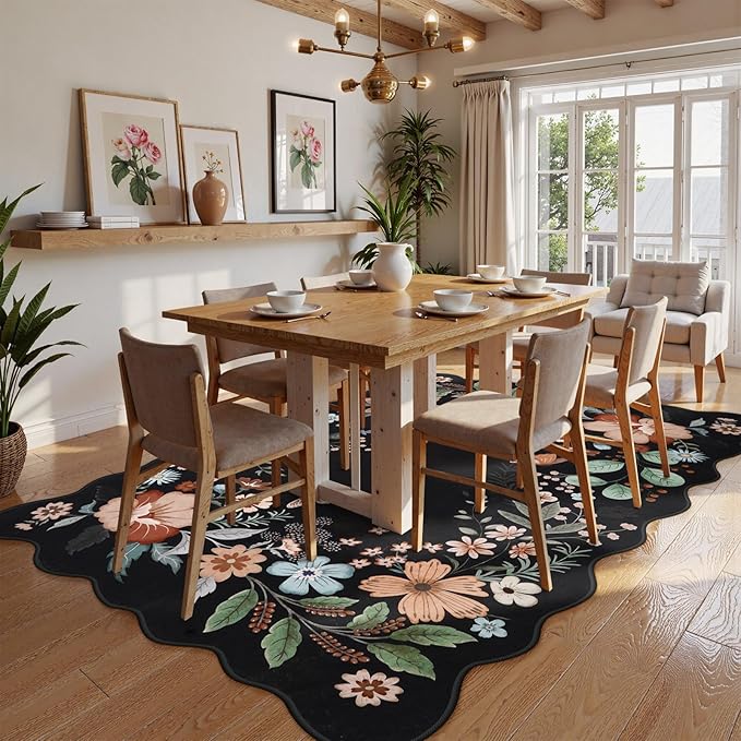 Beeiva 5x7 Rugs for Living Room, Floral Washable Area Rug for Bedroom Under Bed, Thin Low Pile Foldable Large Carpet for Office, Playroom, Dining Room - Black