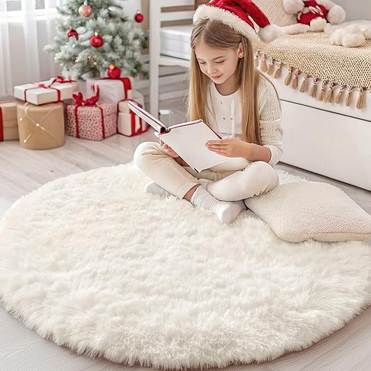 OLANLY Ivory Round Rugs for Bedroom - Machine Washable, 4x4 Feet Circle Area Rugs for Living Room, Soft and Fluffy Shaggy Carpet for Teen Girls and Boys, Dorms, Nursery Rooms, Home Decor Aesthetic