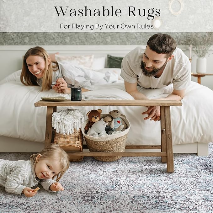Phantoscope Vintage Collection Area Rug 9'x12' - Washable Rug Boho Rugs Non-Slip for Living Room, Bedroom, Dining Room, Dorm, Indoor Low-Pile Carpet Distressed Accent Rug, Blue/Grey