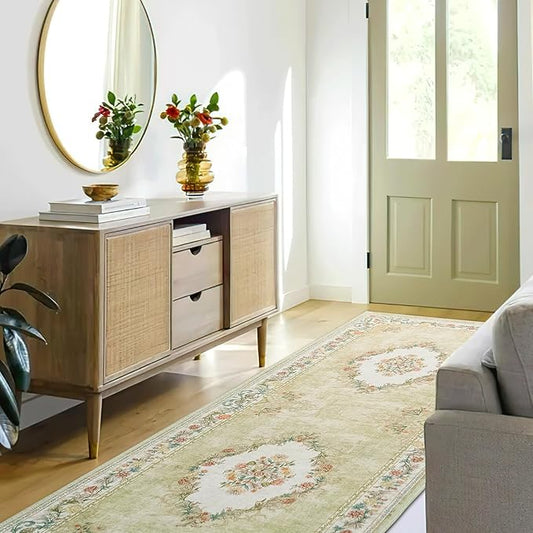 RYB HOME Washable Long Runner Rug 2x8 for Enterway Hallway, Floral Vintage Carpet for Bedroom, Soft Faux Wool Non Slip Rug Runner for Living Room, 2x8 ft, Sage Green