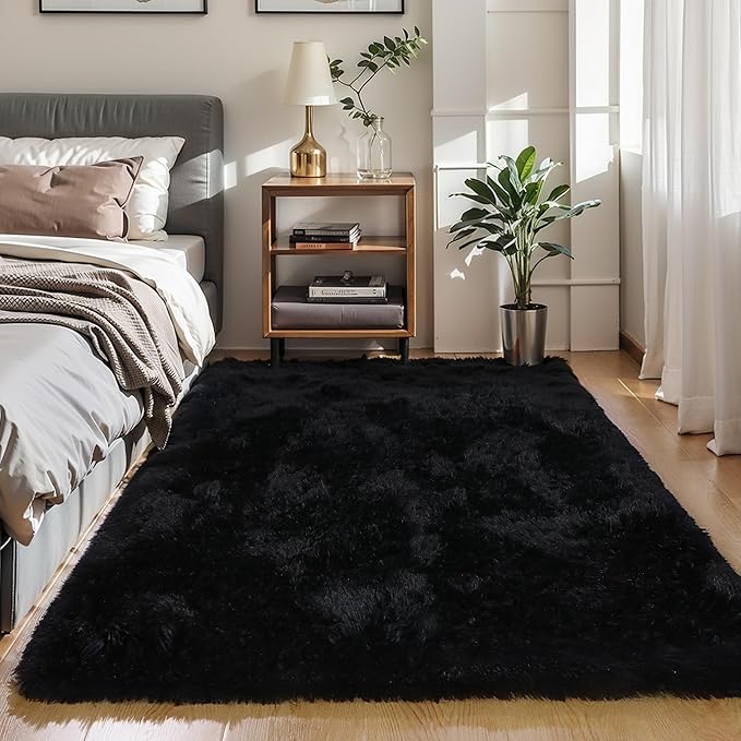 4x6 Black Fluffy Shag Rug for Bedroom, Ultra Soft Plush Fuzzy Washable Cozy Carpet for Living Room, Modern Non Slip Floor Comfy Furry Shaggy Area Rug for Kids Baby Boys Girls Nursery Dorm