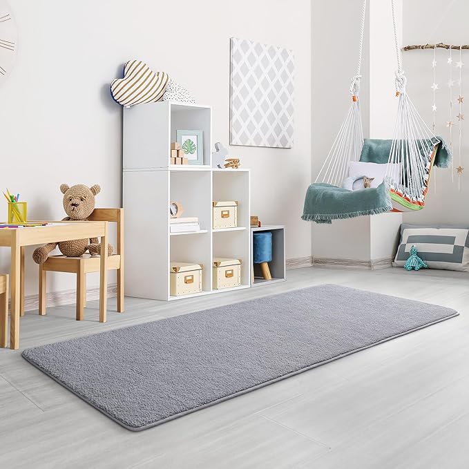 Keeko 2x8 Long Runner Rug, Grey Bedroom Bedside Runner Rug Living Room Carpet Area Throw Rugs for Hallway Soft Indoor Memory Foam Rugs for Teen Kids Classroom Nursery Dorm Laundry Room Decor