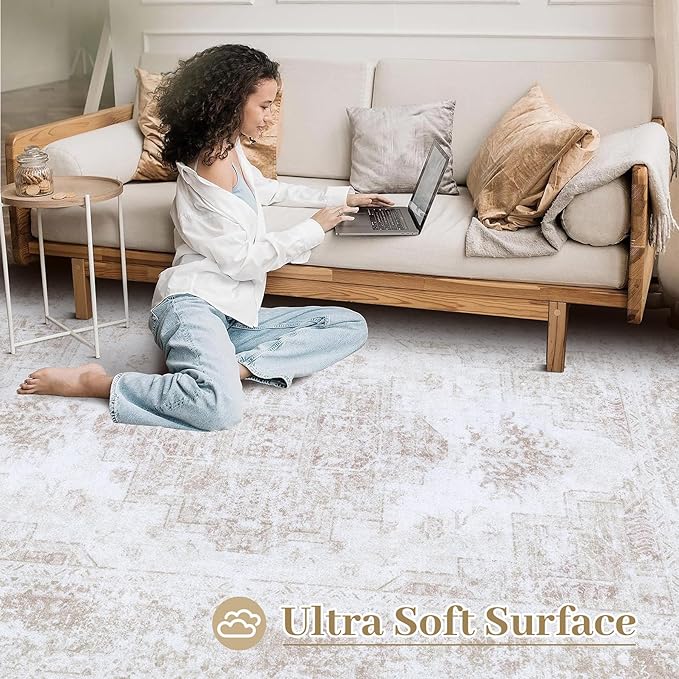 Bedroom Rug 3x5 Vintage Rug, Machine Washable Kitchen Rug Retro Medallion Distressed Rug Non-Slip Soft Low Pile Throw Rugs for Entryway Bedroom Bathroom Hallway Kitchen(Beige,3'x5')