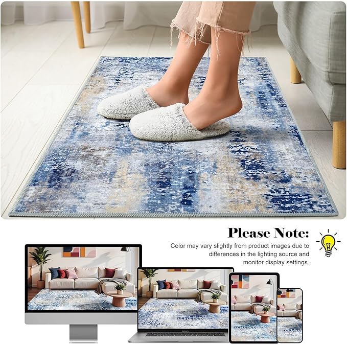 Washable Abstract Rug, 2x3 Small Modern Area Rugs with Non-Slip Rubber Backed for Kitchen, Thin but Soft Throw Carpet Bedroom Entryway Front Door Decor, Midnight Blue