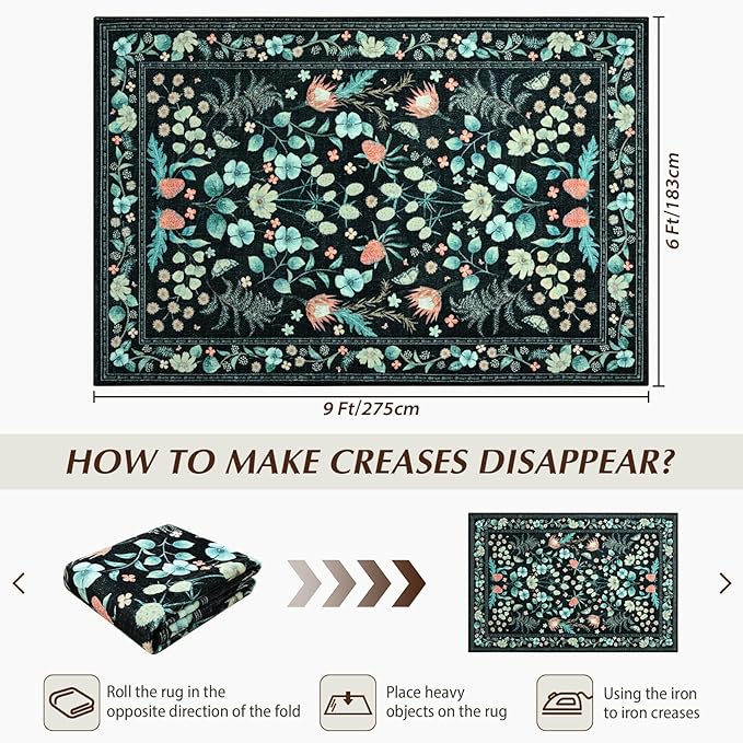 Area Rugs for Living Room, 6x9 Washable Non-Slip Rug for Bedroom, Vintage Floral Carpet for Home Office Nursery Dining Room Kitchen, Black