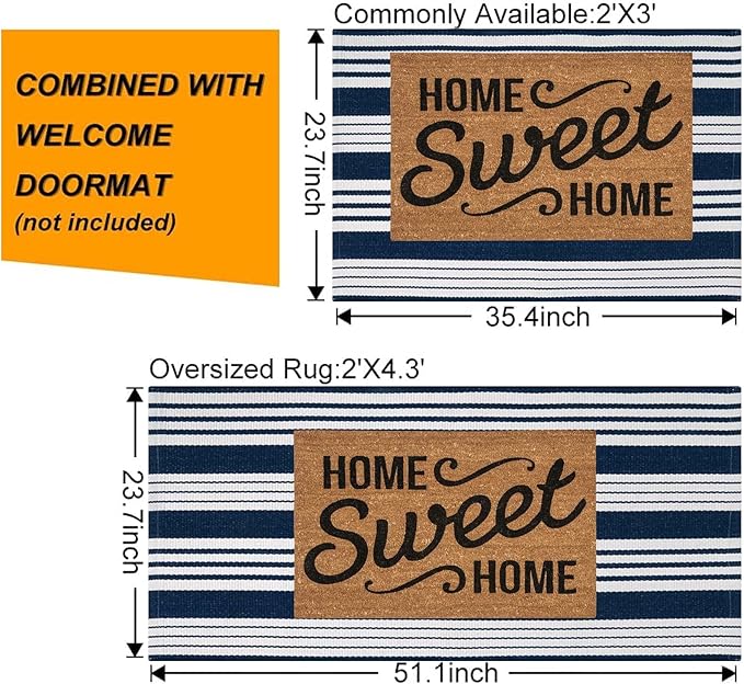 Blue and White Outdoor Rug 24'' x 51''Striped Front Porch Mat Hand-Woven Machine Washable Layered Door Mats for Entryway/Bedroom