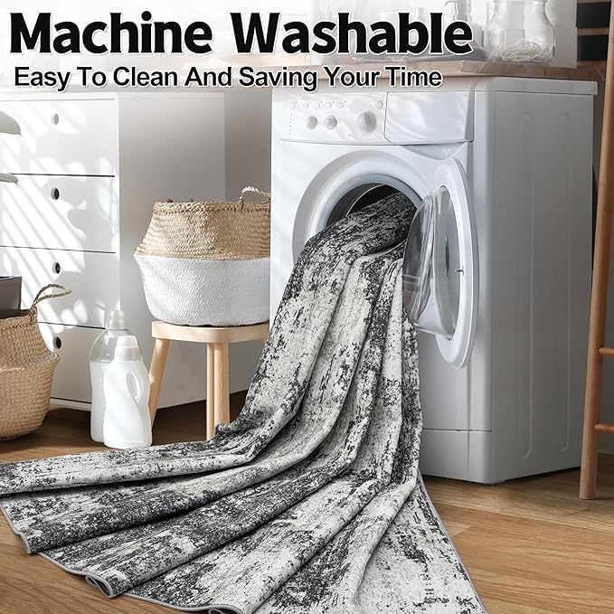 Washable Rug 6x9 Area Rugs: Soft Large Living Room Rug with Anti-Slip Backing Non-Shedding Stain-Resistant Modern Abstract Carpet for Bedroom Dining Room Nursery Home Office-Black