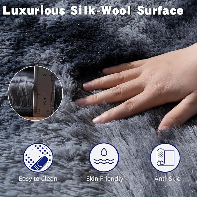 Tie-Dyed Black Fluffy Rugs for Bedroom 5x7 ft - Ultra Soft & Non Slip Shaggy Area Rug, Comfy Durable Carpet for Living Room Kids Room Teens Dorm Home Decor, 1.7'' Thick Indoor Carpets