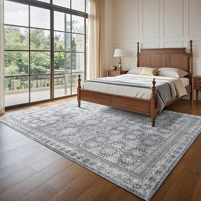4x6 Area Rug for Bedroom Machine Washable, Non Slip Vintage Floral Kitchen Rugs for Dining Room,Rustic Indoor Floor Carpet for Kids Room, Playroom, Office Classroom Faded Grey