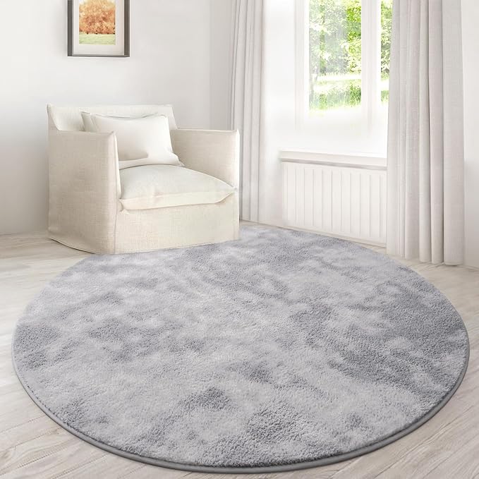 Lascpt Round Rug for Bedroom 6x6, Tie-Dyed Grey Circle Rug for Living Room Super Soft Thicken Memory Foam Circular Rug, Indoor Area Rug for Modern Home Decor, Round Carpet for Nursery Kid's Room