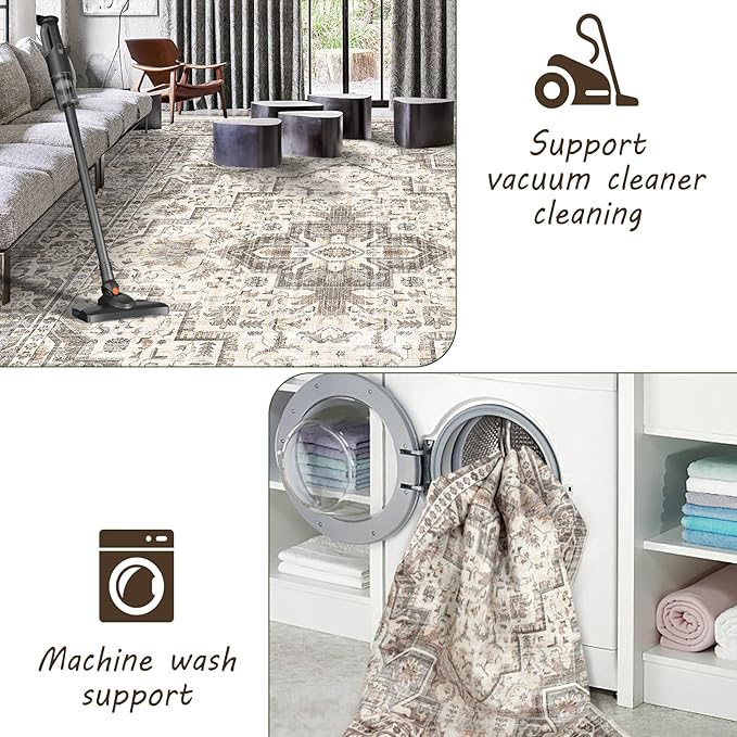 Washable Vintage Area Rug 9x12，Printed Vintage Home Decor, Floor Decoration Carpet Mat，Thin Rug for Living Room, Distressed Oriental Reto Indoor Floor Carpet Rug (Brown Beige 9x12)