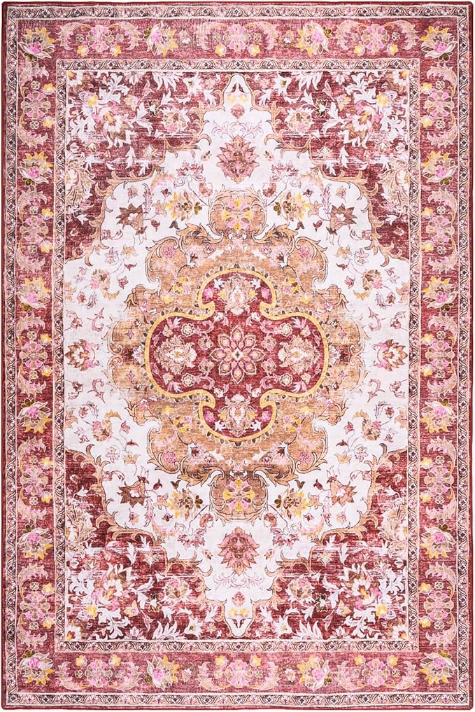 4x6 Area Rugs for Living Room, Foldable Machine Washable Rug, Soft Low Pile Non-Slip Vintage Floral Rug, Carpet for Bedroom, Dining Room, Bedside, Farmhouse, Office, Dorm (Red, 4'×6')