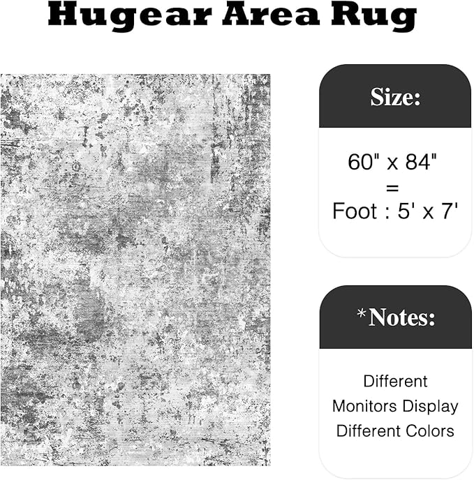 5x7 Living Room Rug Washable Gray Hallway Area Rugs Abstract Low Pile Carpet Bedroom Office Dining Room Kitchen Laundry Room Non Slip