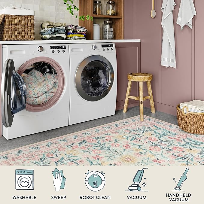 Lahome Boho Hallway Runner Rug 2x6,Floral Kitchen Runner Rugs Non Skid Washable,Super Soft Indoor Throw Carpet for Girls Bedroom Bedside Bathroom Laundry Room, Pink/Multi
