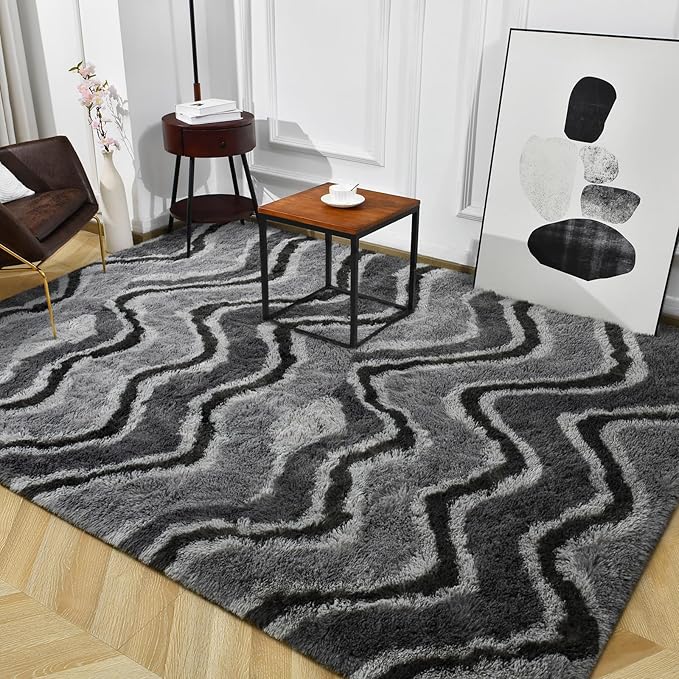 TWINNIS Super Soft Shaggy Rugs Fluffy Carpets, 5x8 Feet, Indoor Modern Plush Area Rugs for Living Room Bedroom Kids Room Nursery Home Decor, Upgrade Anti-Skid Rectangular Fuzzy Rug, Dark Grey Black