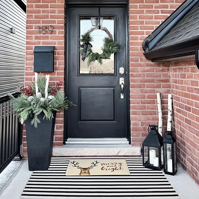 Black and White Outdoor Rug 27.5'' x 43'' Striped Front Porch Rug Hand-Woven Cotton Rug Machine Washable Floor Mat Indoor/Outdoor Area Rug for Layered Door Mats/Farmhouse/Living Room (27.5'' x 43'')
