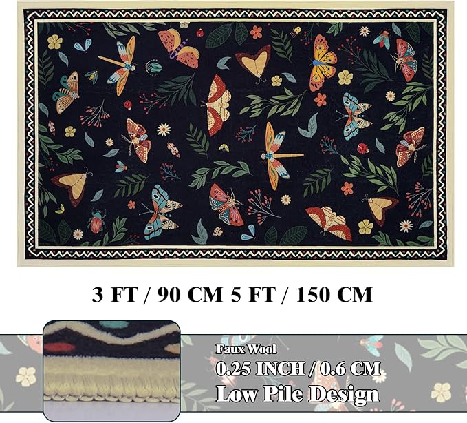 ASPMIZ Insect Area Rug 3X5, Black Bedroom Rug Non Slip, Spring Summer Washable Rug Farmhouse Butterfly Living Room Rugs Low Pile, Soft Faux Wool Throw Carpet for Entryway, Office, Nursery, Black