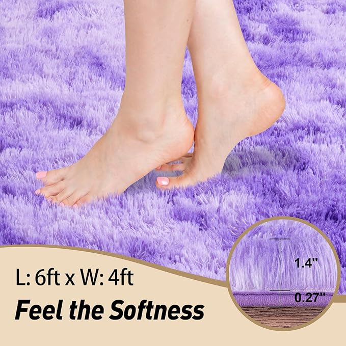 4x6 Rugs for Living Room, Large Fluffy Area Rugs for Bedroom, Soft Carpet Shag Kids Rug with 4 Non-Slip Rug Pads (Purple TieDyed, 4ft x 6ft)