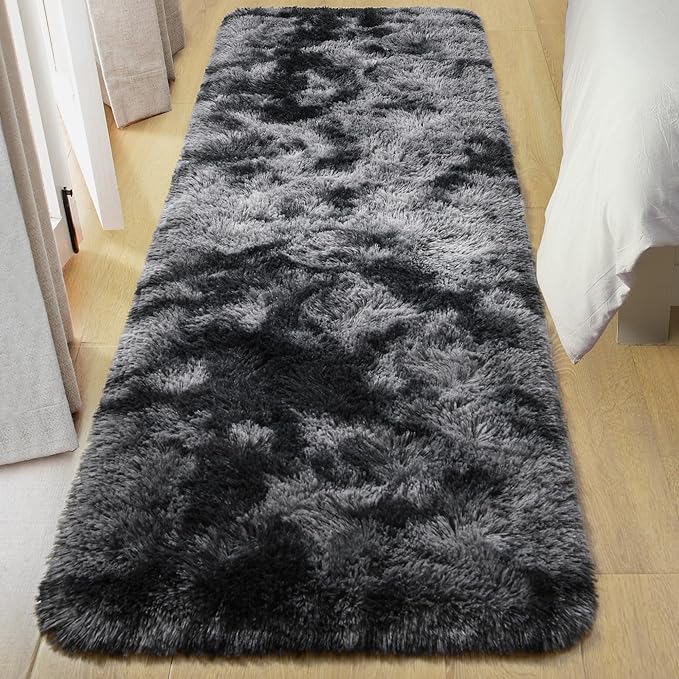 Tepook Fluffy Runner Rugs for Bedroom Aesthetic 2x6 Feet, Shag Soft Bedside Rug with Non-Slip Bottom, Fuzzy Plush Carpet for Room, Hallway Rug for Nursery Dorm Indoor Home Decor, Tie-dye Dark Grey