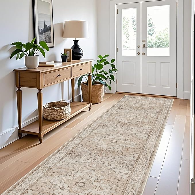 3x12 Hallway Washable Runner Rug - Vintage Non Slip Soft Rug for Kitchen Living Room Low-Pile Stain Resistant Carpet for Bathroom Entryway Thin Floor Mat for Bedroom Dining Room (3x12,Beige)