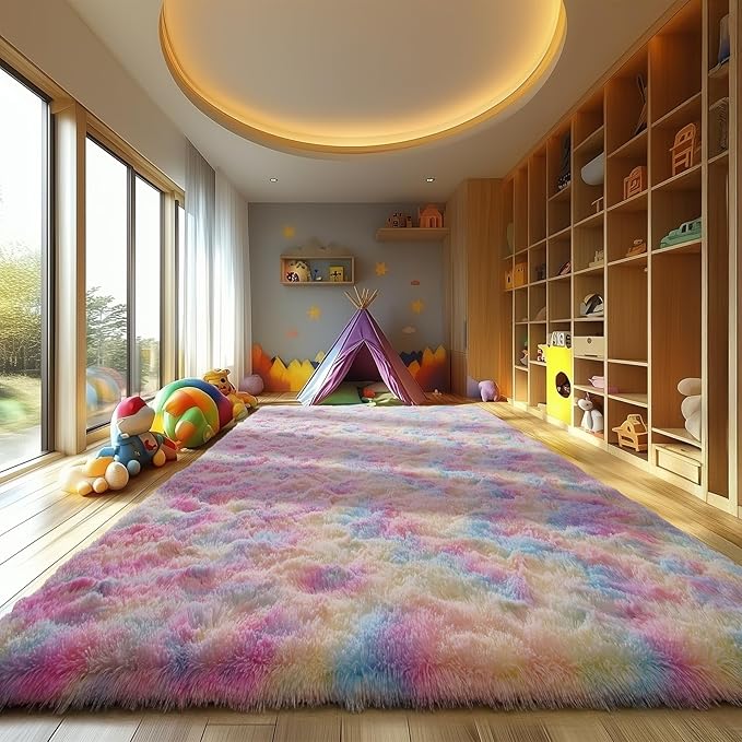 Zentavio Unicorn Rugs for Girls Room 9x12 Area Rugs for Living Room Carpet for Bedroom Washable Soft Fluffy Shag Aesthetic Plush High Pile Rug for Nursery Kids Room Dorm Room Rainbow