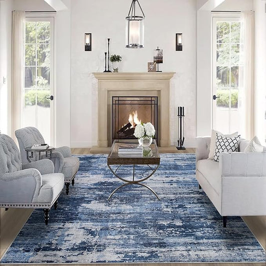 10x14 Area Rugs for Living Room: Large Machine Washable Area Rug with Non Slip Backing Non Shedding Abstract Stain Resistant Carpet for Bedroom Dining Room Nursery Home Office - Beige/Blue