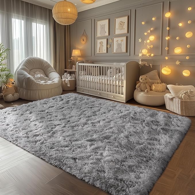 Zentavio Grey and White Area Rugs for Living Room Large Men Room Carpet 6x9 Bedroom Fluffy Furry Shag Aesthetic Plush High Pile Floor Rug for Kids Room Dorm Home Decor Tie-Dyed Grey White