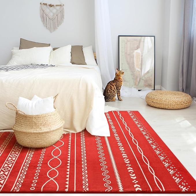 Softlife Christmas Red Area Rug for Living Room, 4x6 Moroccan Neutral Carpet Non-Slip Printed Distressed Rugs Soft Bedroom Rug Throw Geometric for Kitchen Hallway Dining Room