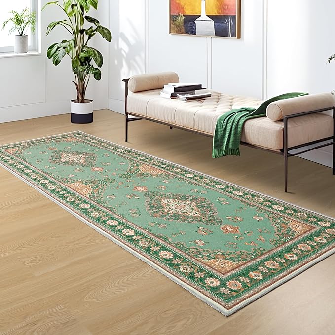 Tepook 2x6 Vintage Runner Rug - Low Pile Washable Non-Slip Carpet for Hallway, Kitchen, Bedroom, Entryway, Laundry Room, Bathroom - Indoor Throw Rug in Green