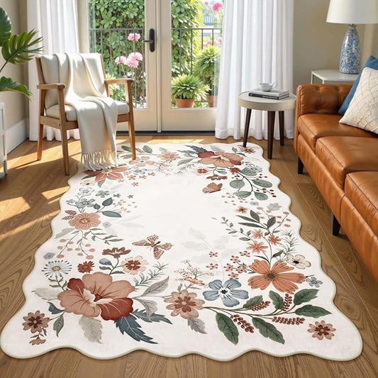 Beeiva 5x7 Floral Rug for Living Room, Washable Area Rug for Bedroom, Ultra Thin Low Pile Large Carpet for Dining Room, Playroom or Nursery - Beige