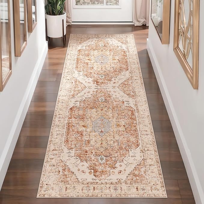 2x6 Washable Runner Rug for Hallways, Non Slip Vintage, Soft Low Pile Long Runner, Print Distressed Brick Red for Kitchen Bedroom Entryway Bathroom Living Room