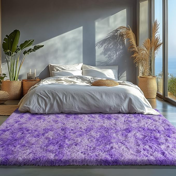 Zentavio Purple Rugs for Girls Room 5x8 Large Area Rugs for Living Room Carpet for Bedroom Washable Soft Fluffy Shag Aesthetic Plush High Pile Throw Rug for Nursery Kids Room Dorm Room Tie-Dyed