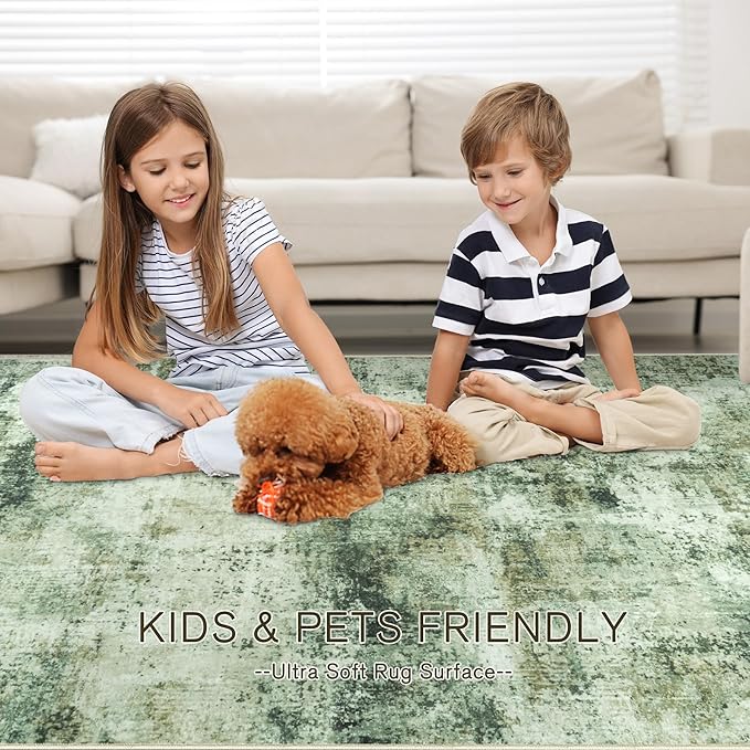 Washable Rug 6x9 Area Rugs: Soft Large Living Room Rug with Anti-Slip Backing Non-Shedding Stain-Resistant Modern Abstract Carpet for Bedroom Dining Room Nursery Home Office Green Brown